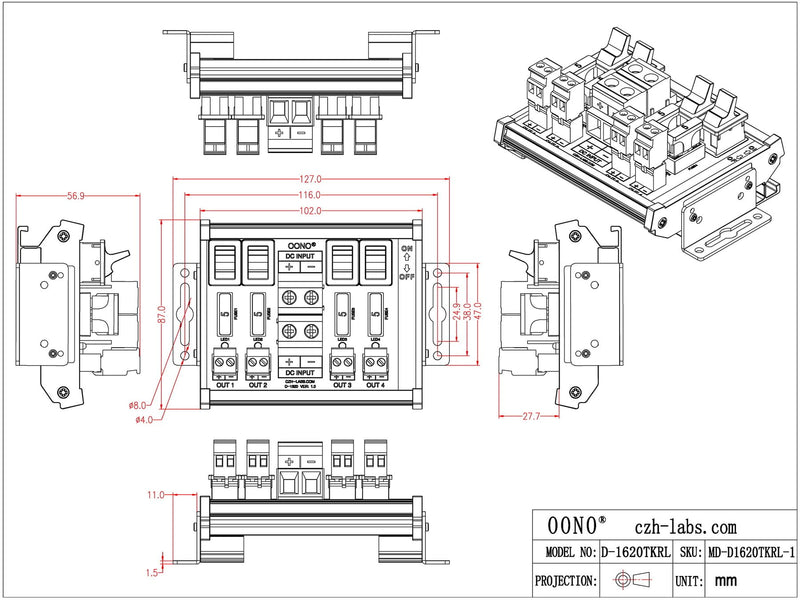 DC Power Distribution Module, Rocker Switch, Fused, Pluggable Top Wiring Terminal Block, DIN Rail and Screw Mount (4 Channel) 4 Channel