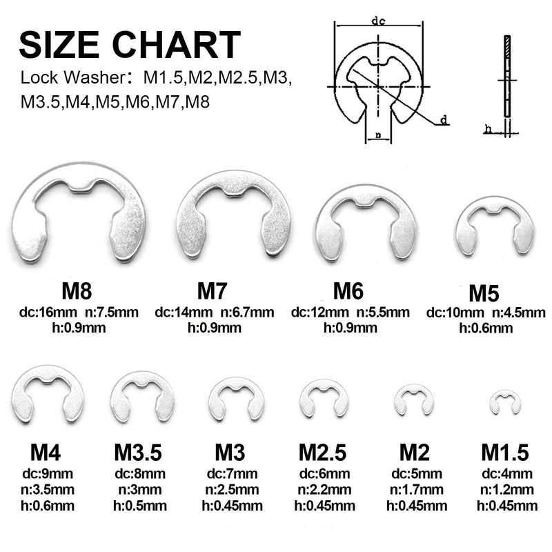 QTEATAK 200-Pcs 10-Size Stainless E-Clip Circlip External Retaining Ring Assortment Set - 304 Stainless Steel(1.5mm 2mm 2.5mm 3mm 3.5mm 4mm 5mm 6mm 7mm 8mm)
