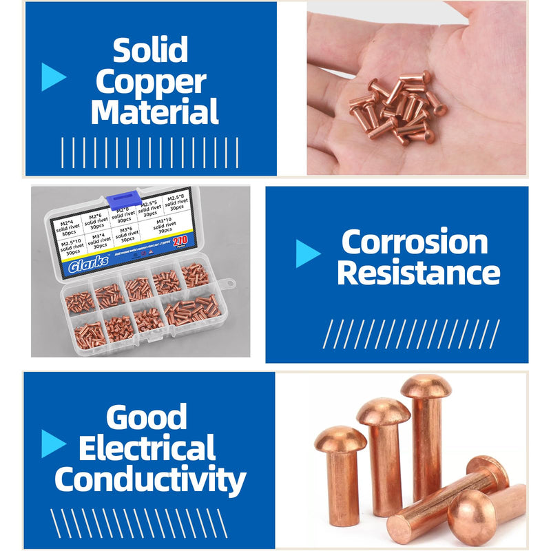 Glarks 270Pcs M2 M2.5 M3 Round Head Solid Rivets, 9 Size Metal Copper Solid Rivet Fasteners for Electrical Applications, Leather Working Supplies