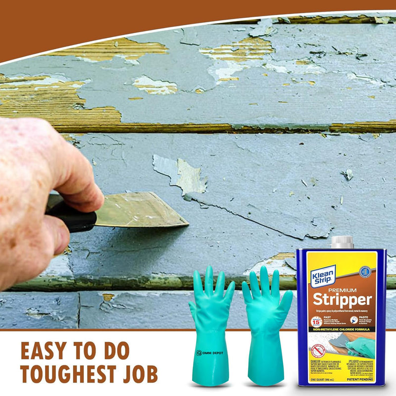 Paint & Varnish Remover Klean Strip Premium Stripper– Fast-Acting Stripper for Epoxy, Polyurethane, Wood, Metal & Masonry – Includes Protective Omni Depot Gloves – 1 QT