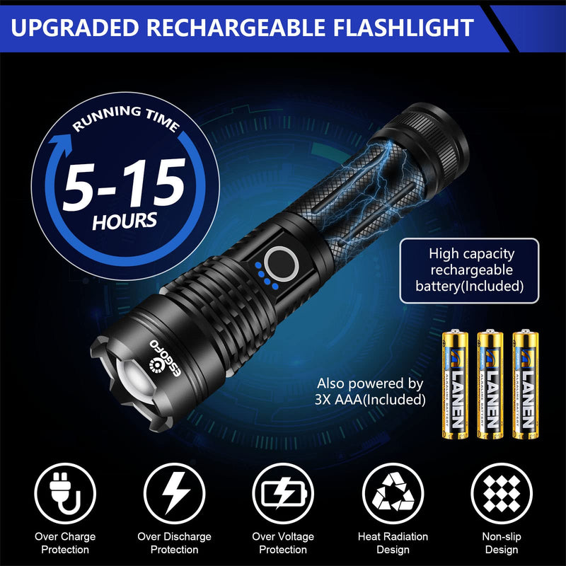 Esgofo Flashlights High Lumens 100000 Rechargeable, Super Bright Handheld LED Flash Light, Powerful Emergency Linternas, Waterproof, Long Lasting, for Hiking Camping Gift 20.0 Watt Hours