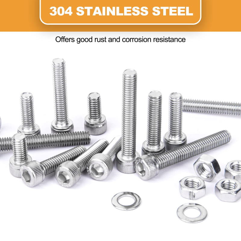 VIGRUE 180Pcs M6 Stainless Bolt Kit, M6x12/16/20/25/30/35/40mm Hex Socket Head Cap Screws Nuts Washers Assortment, Full UNC Thread M6 socket cap