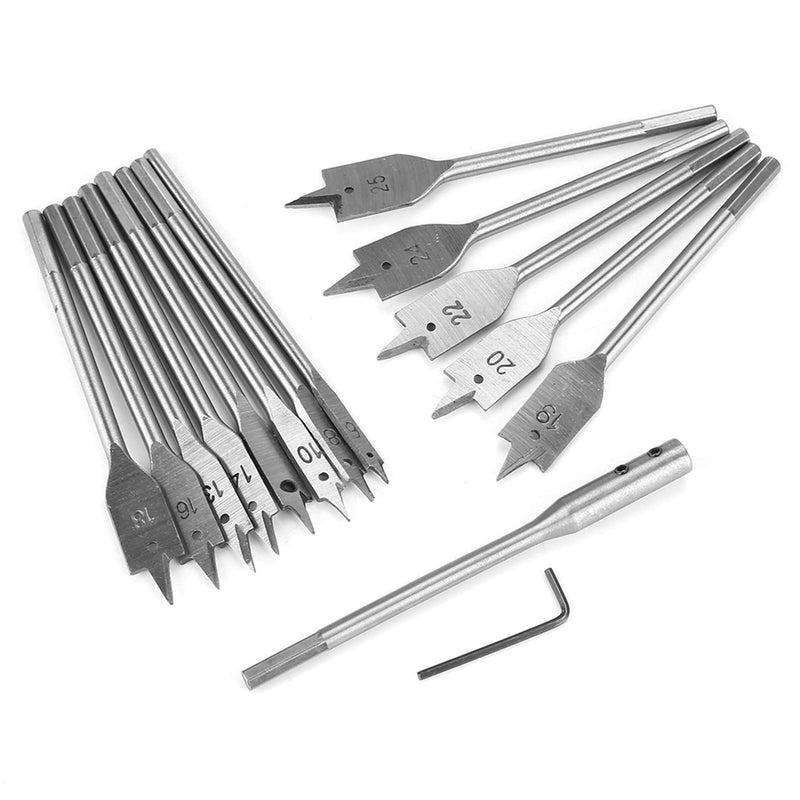 15pcs Flat Wood Drill Bits, Carbon Steel Hex Shank Spade Flat Wood Drill Bit Set 6‑25mm for Wood Drilling Power Tools