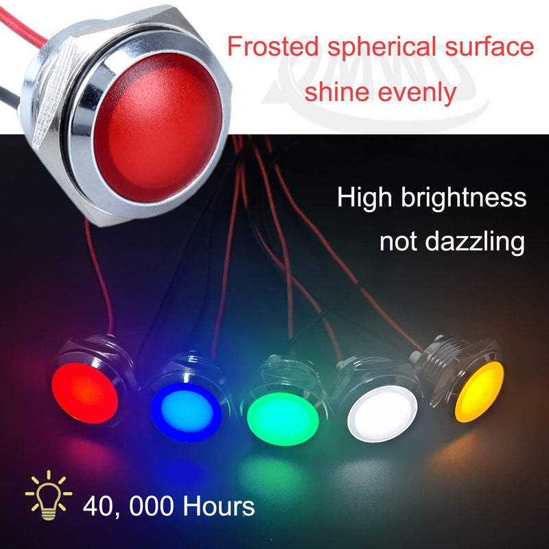 2Pcs 16mm 12V-24V 20mA Metal Energy Saving LED Indicator Light Spherical Round Signal Lamp 0.47" Mounting Hole Waterproof with 15cm/5.91in. Wire for Car Truck Boat Red LED