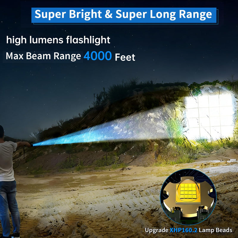 Rechargeable Flashlights High Lumens, 6000 Lumens Super Bright Flashlights with Long Handle, 5 Modes & Zoomable, 10000mAh Waterproof Powerful Handheld Flashlight for Camping Emergency