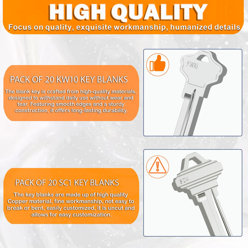 KW10 Blank Key and SC4 Key Blanks, Pack of 40 Uncut Blank Keys, Premium Brass Blank Keys for Home and Professional Use Nickel