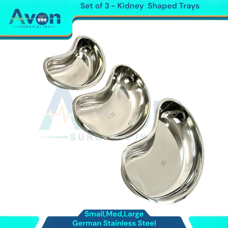 Set of 3 - Kidney Trays Small, Medium, Large - Kidney Shaped Emesis Basin, Dental Lab Instrument Trays, Reusable Metal Kidney Dish, for Soiled Dressings, Instruments, Supplies