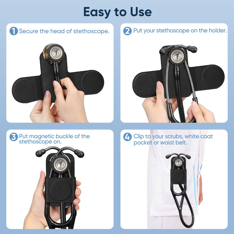 Stethoscope Holder Clip, Magnetic Premium PU Leather Stethoscope Hip Holder Lightweight Portable Holster for Physicians, Nurses, EMT, Medical Students, for 3M Littmann & Most Stethoscope, Black