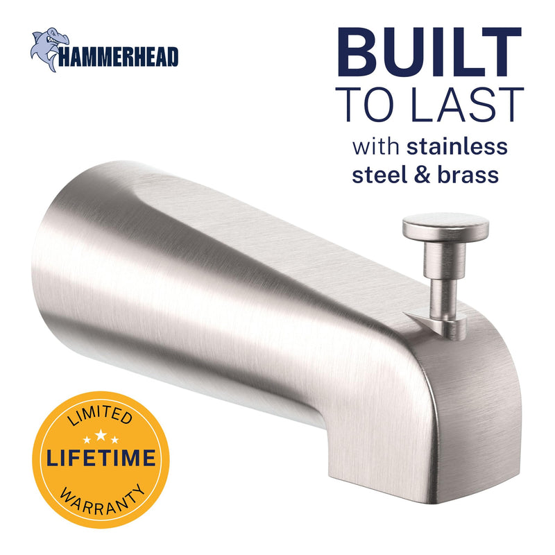 HammerHead Showers Solid Metal Tub Spout with Diverter, Slip On Bath Tub Spout for ½” Copper Pipe, Easy Install Bathtub Faucet, Brushed Nickel