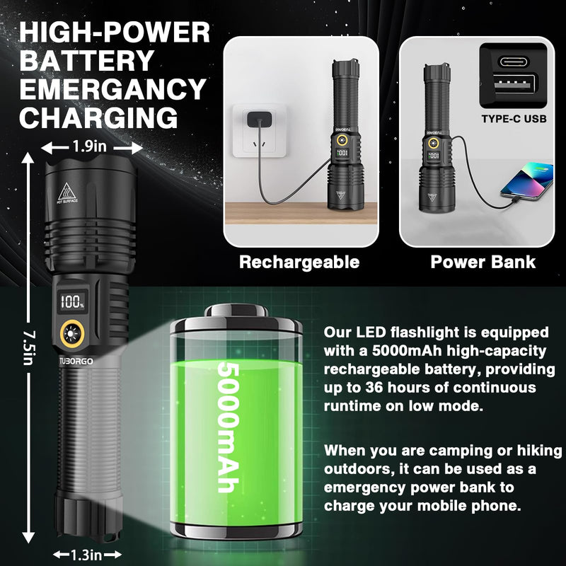 Rechargeable Flashlights 2200 High lumens, Super Bright LED Tactical Flashlight, Zoomable, IPX6 Waterproof, 6 Modes, Powerful Handheld Flash Light for Emergencies, Camping, Hiking Black