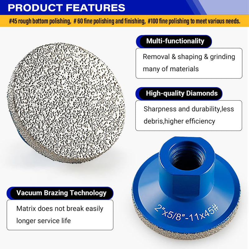 LOZLIN 3-Pack 2" Brazed Grinding Heads 5/8-11 Thread - Flat Abrasive Polishing Stones for Marble/Quartz/Granite/Cobblestone, High-Efficiency Surface Grinding Tools