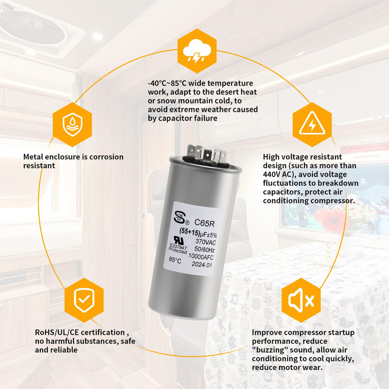 3314471.017 RV air Conditioning Capacitor is Compatible with Dometic 55/15 MFD 55+15 uF±6% 370/440V AC Capacitor Repair kit, Suitable for AC Motors or Heat Pump air conditioners.
