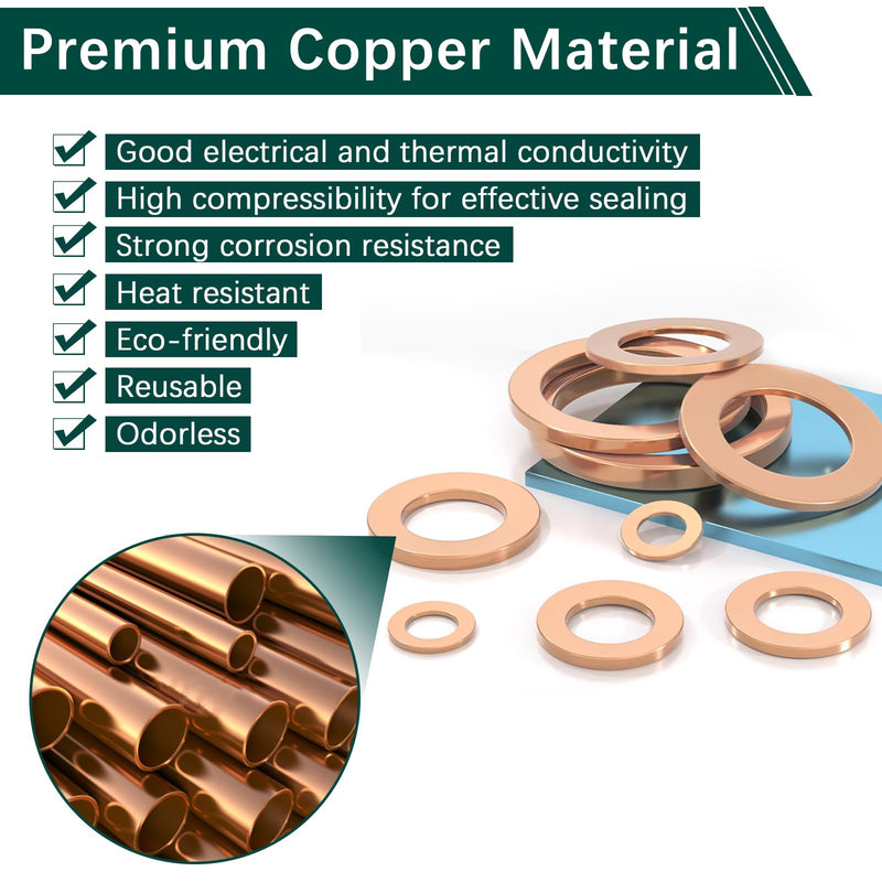 350 PCS, Premium Copper Metric Sealing Crush Washers Assortment Kit, Enhanced Flat Ring Oil Drain Plug Crush Washer Gasket Seal Set, Banjo Bolt Washers for Automotive, Motorcycles （10 Size） Copper Washers - Metric - 350 Pcs