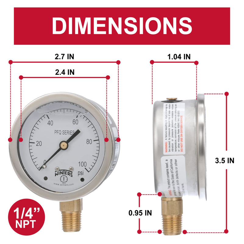 Winters 2-1/2" Dial Size, Liquid Filled Industrial Pressure Gauge, Brass Internals, 304 Stainless Steel Case, Single Scale 0-100 psi, 1.5% Acc, 1/4" NPT Bottom Mount, Glycerin Filled Pressure Gauge 0/100 PSI