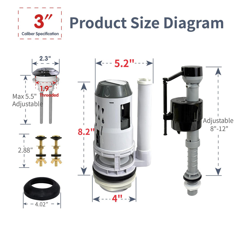3-Inch Dual Flush Valve Replacement Kit,Universal for 2-Piece Toilets,Has Flush Valve, Fill Valve,Button,Bolt,Gasket. Compatible with Glacier Bay, American Standard,Aquasource and More Fits 3-inch drain holes