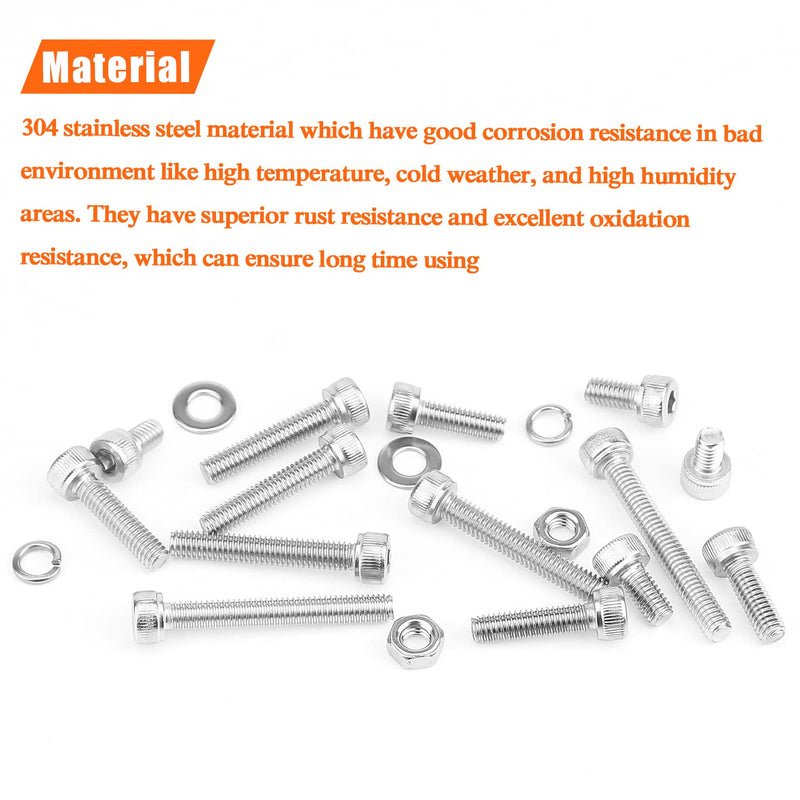 350 Pieces M4 x 6mm /8mm /12mm /16mm /20mm /25mm /30mm, Hex Socket Head Cap Screws Bolts Washers Nuts Kit, 304 Stainless Steel Socket Head Screws