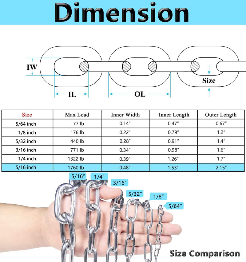 Stainless Steel Chain, Lsqurel 6.5ft 13ft Metal Chain Link Chain Small 1/8in Light Duty Chain Utility Chain Jack Chain for Home Outdoor Camping Hanging etc (1/8in-6.5ft) 1/8in-6.5ft
