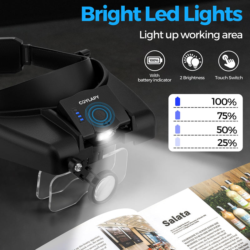 Magnifying Glasses with Light, Versatile Magnifying Glasses for Close Work, 1x - 14x Headband Magnifier with 5 Lenses & Two Led Lamps, Hands-Free Jewelers Loupe Visor for Hobby, Crafts Black