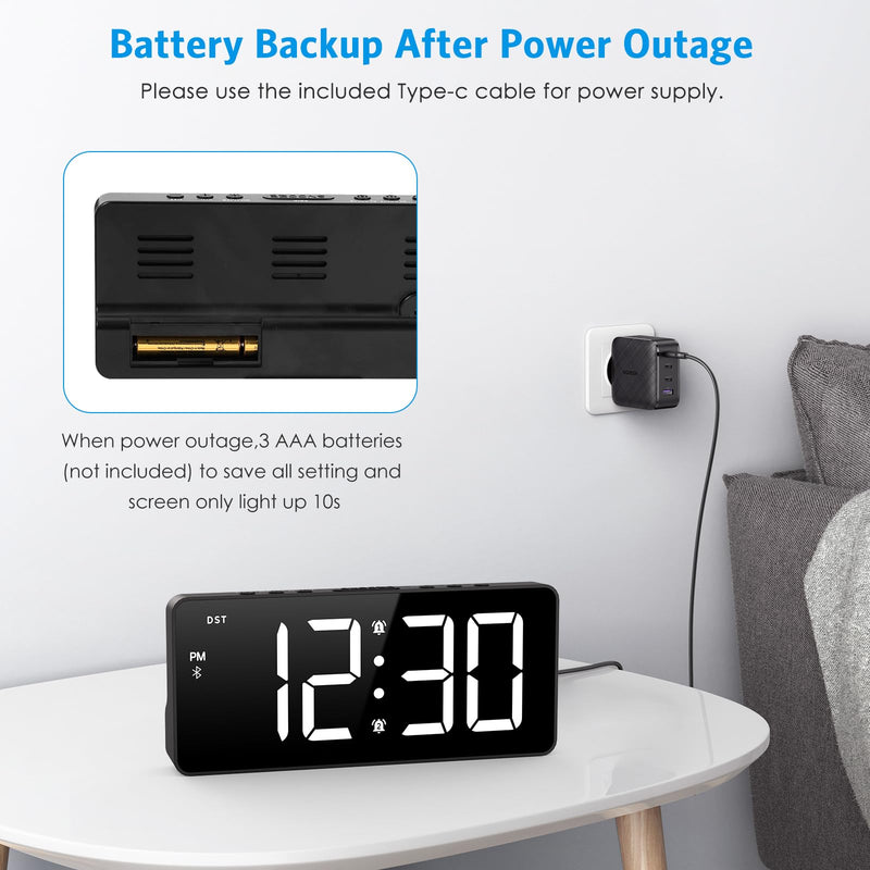 AMIR Alarm Clocks for Bedrooms - Bluetooth Sync Time Alarm Clock, Digital Clock Large Display with USB Charging Port, Dimmable, Adjustable Volume, Snooze, 12/24H, Loud Alarm for Heavy Sleepers