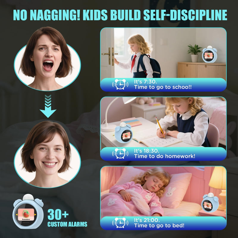 AI Kids Alarm Clock with Voice Control, Children's Focus Ready to Rise Sleep Trainer, AI Assistant Smart Clock, Sound Machine OK to Wake for Toddlers Kids, Digital Partner for Girls Boys