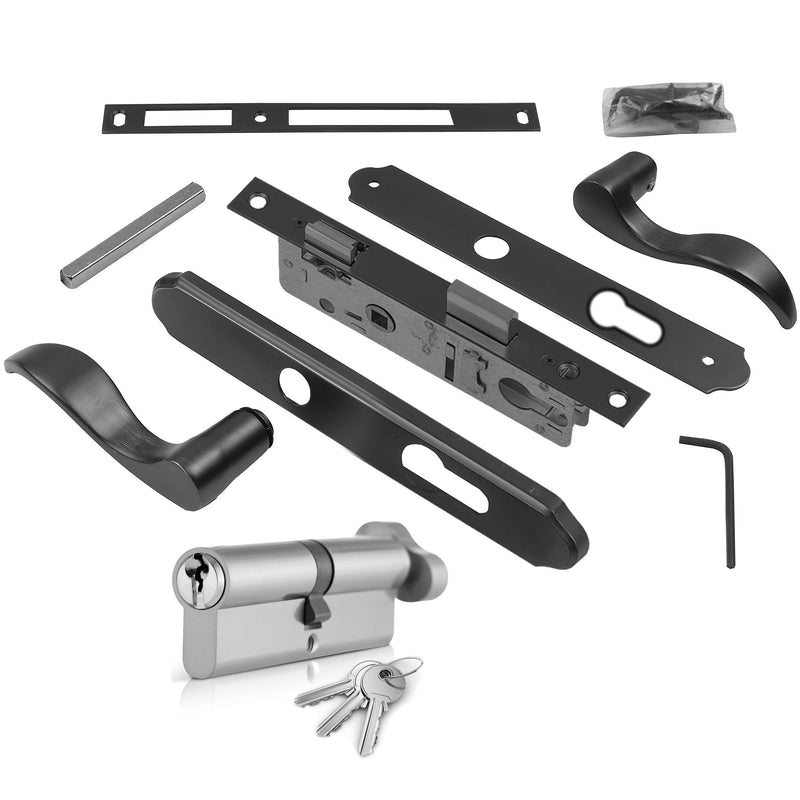 ReigaHood Offset Euro Mortise Storm Door Handle Complete Set Fits for Pella Screen Door Hardware, 2-1/2" Handle PZ, 7/8" Backset, 7-1/4" Trimplate H.C., Non-Handed, Matte Black