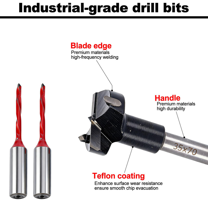 ADWAN Hinge Boring Drill Bit Set 3PCS, 1x 35mm Forstner Bit & 2X 3mm Brad Point Bits, 70mm Total Length, Tungsten Carbide Tipped, Replacement Parts for Hinge Boring Machine & Woodworking Drill Press 3mm/35mmx70mm