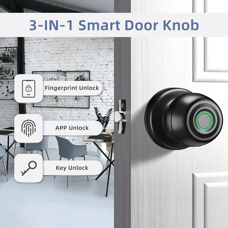 Smart Door Knob, Fingerprint Door Knob, Biometric Smart Door Lock with App Control, Metal Alloy Door Knobs, Easy Installation, Great for Bedrooms, Cloakroom, Apartments Offices, Hotel(Black) Black