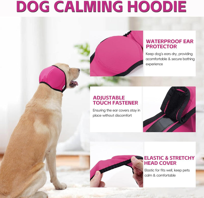 Dog Calming Hoodie Quiet Ear Cover for Noise Protection Anxiety Relief Ear Muffs, No Shake Ear Wraps for Dogs, Waterproof Swim Cap Bath Blow Dry Headband Wraps for Ear Hematoma Groom Fireworks(L,pink) ROSE RED Large(Head Circle:18"-24")