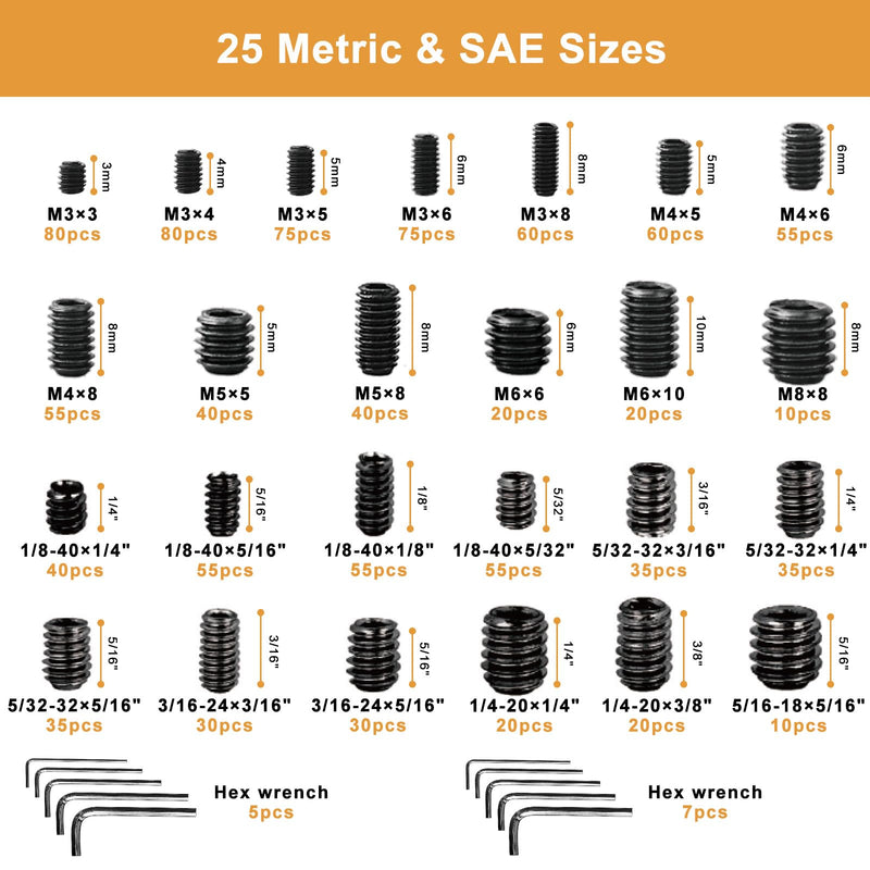 VIGRUE 1105PCS 25 Sizes Metric & SAE Set Screw Assortment Kit Internal Hex Drive Allen Grub Screws Set Cup-Point Alloy Steel, M3 to M8 and 1/8-40 to 5/16-18 Black