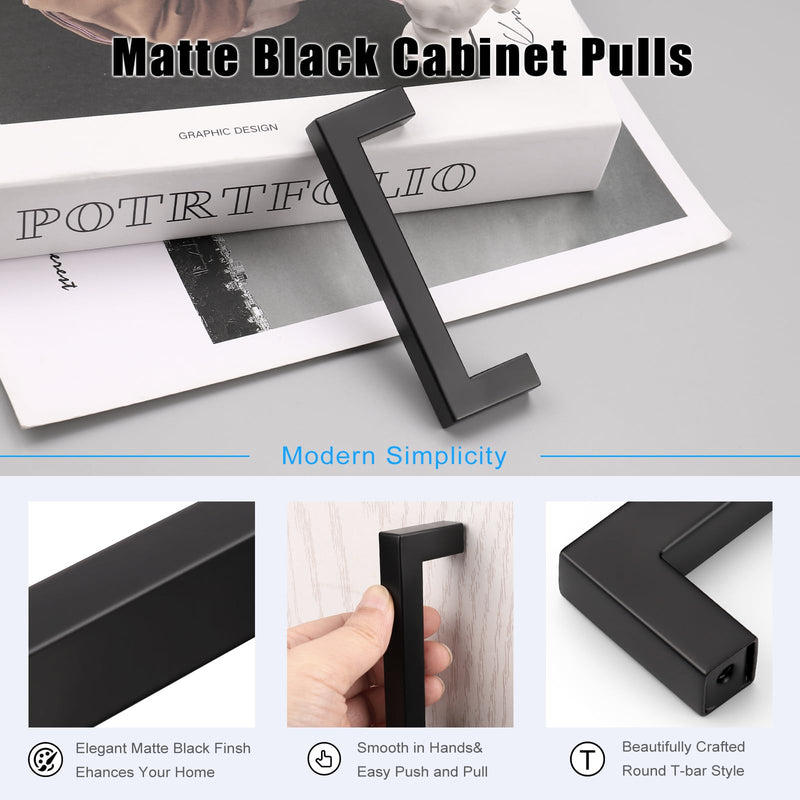 KNOBWELL 6 Pack 4 inch Black Kitchen Cabinet, Stainless Steel Cupboard Door Handles Pulls for Vanity Chest Nightstand Drawer Dresser - Hole Distance 4", Overall Length 4-1/2" Hole Center:4 inch(102mm)