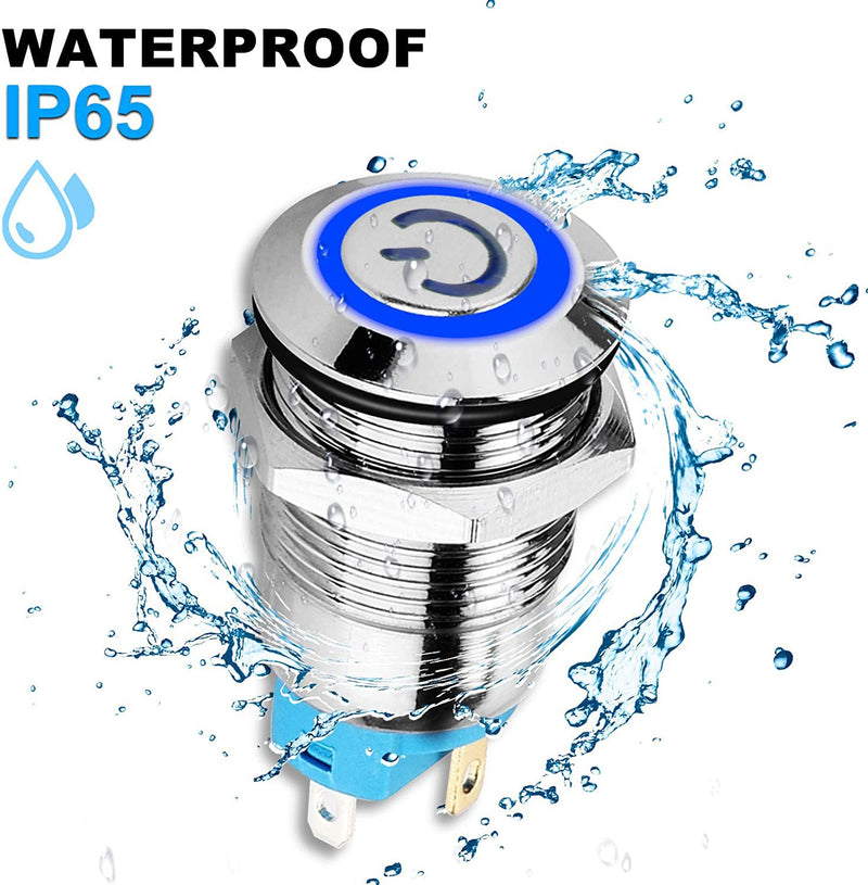 2pcs 0.47"/12mm Stainless Steel Self-locking Latching Push Button Switch 12V-24V 3A Power Symbol LED Normally Open SPST ON Off Waterproof Toggle Switch with Wire Socket Plug (Blue+Red) Blue&Red-Latching