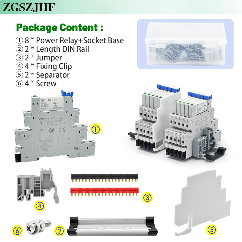 (8 Pcs) 24V Relay Din Rail; Miniature Power Relay; Silm; Signal Relay for PLC; 24VDC and 24VAC Both; 5 Pin SPDT with LED Indicator, Socket Base; Max 6A 250VAC 8 PCS 24VDC