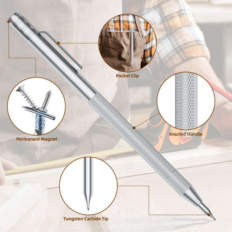 5-Pack Tungsten Carbide Scriber, Metal Scribe Tool with 25 Replacement Marking Tips & Steel Ruler - Knurled Aluminum Handle & Magnet, Engraving Pen for Glass/Ceramics/Metal Sheet (5) 5