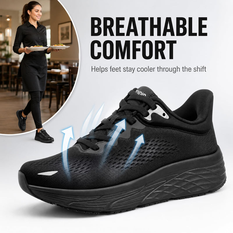Black Non Slip Work Shoes for Women, Water-Resistant Kitchen & Restaurant Sneakers, Cushioned Thick Midsole for All-Day Standing, Chef & Food Service Footwear 8 Black-mesh