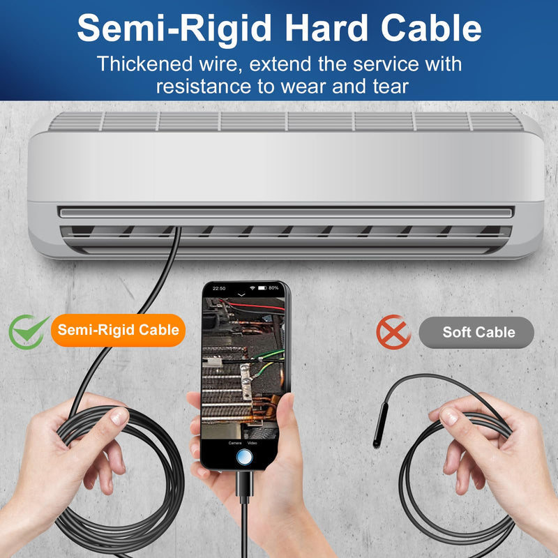 Dual Lens Endoscope Inspection Camera by AURTEC, Dual HD Lens, IP68 Waterproof, 16.5FT/5M Semi-Rigid Cable, Borescope Camera with LED Lights, Compatible with Android and iOS Devices