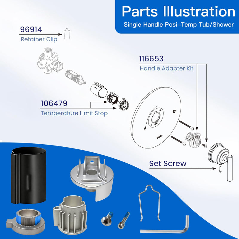 Replacement for 116653 Adapter, Stop Tube and Temperature Limit Stop Kit Replacement for 96987, Shower Handle Parts for Bathtub Faucet Valve Repair Kit, for Cartridge,All Metal
