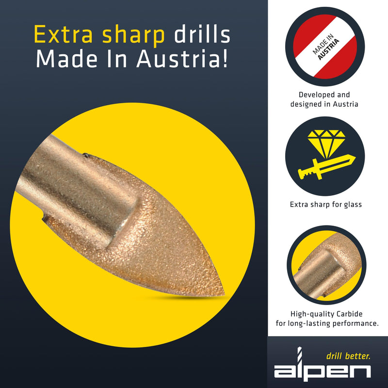 ALPEN 3-Piece Glass & Tile Drill Bit Set – Tungsten Carbide Spear Point for Ceramic Tile, Glass, Mirror & Porcelain – Clean, Chip-Free Holes – Austrian Engineering 3 PCS Set
