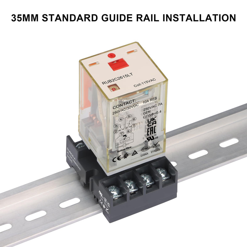 Power Relay MK2P-I Type RUB2C2615LT, AC 120V Coil, 8Pin 2NO 2NC DPDT, with LED Indicator Light and Test Button, Plug-in Terminal Socket Base, UL Certification (AC 110V) AC 110V