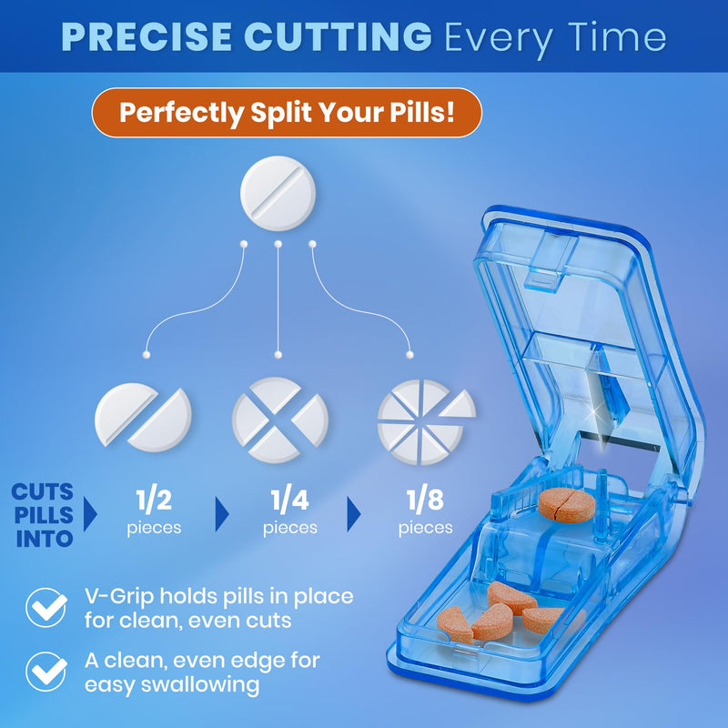 Pill Splitters - (Pack of 2) Pill Cutters with V- Grip for Small and Medication - Easily Cut Pills, Splitter | Cutter and Crusher with Pill Holder Case to Spli (1) Blue + (1) Clear