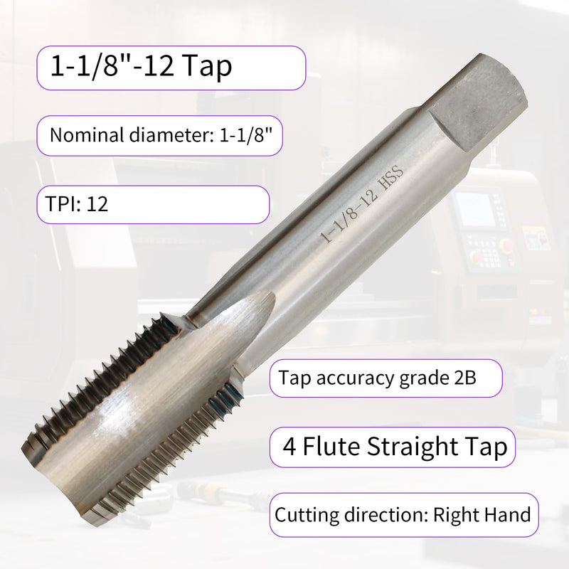 1-1/8"-12 Tap, Right Hand, UNF, Straight Flute, 4 Flute, 2B Accuracy Grade, High Speed Steel, Machine Tap