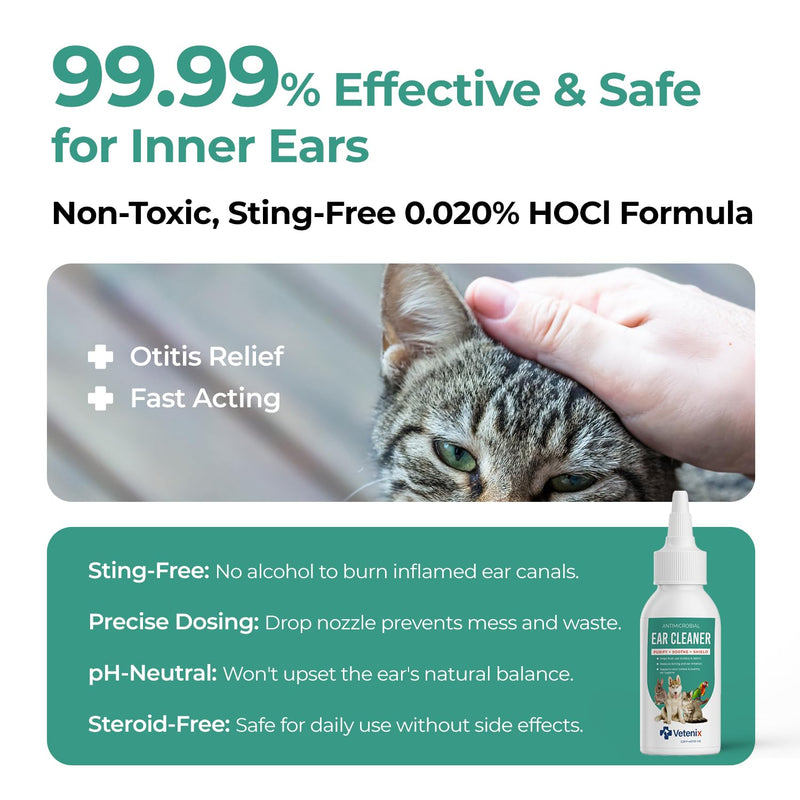 Ear Drops for Pets - Cleans and Removes Wax Build-Up and Irritants for Dogs and Cats - Relieves Itching and Redness with Pure Hypochlorous - 3,38 oz
