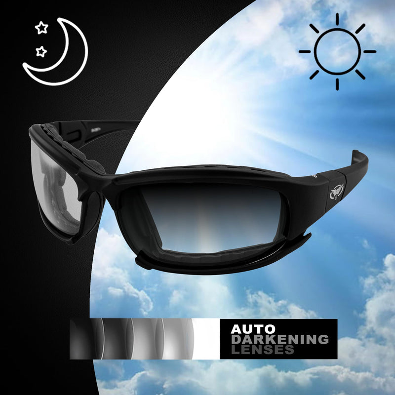Global Vision Assault 24 Motorcycle Sunglasses Safety Glasses ANSI Z87.1 Convertible to Goggles Foam-Padded Black Frame w/Photochromic Lenses (Clear to Smoke)