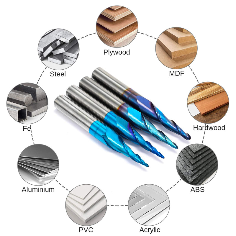 4pcs 2-Flute Tapered Ball Nose Spiral End Mill, Nano Blue Coating Tungsten Carbide CNC Router Bits, 2D and 3D Engraving Carving Woodworking Bits, R0.25-1.0, 1/4'' Shank, TB04B