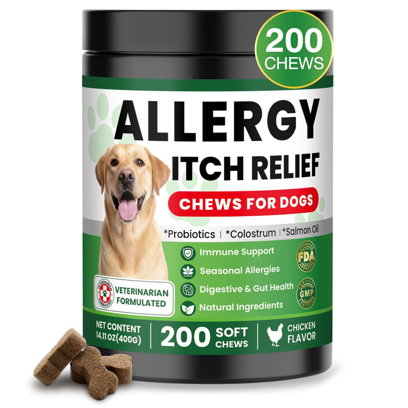 Dog Allergy Relief Chews, Supplement with Probiotics Vitamins, Itchy Skin Relief to Support Seasonal Allergy and Healthy Immune System, Skin and Coat Allergies,Itching & Paw Licking, 200 Soft Treats 200 PCS