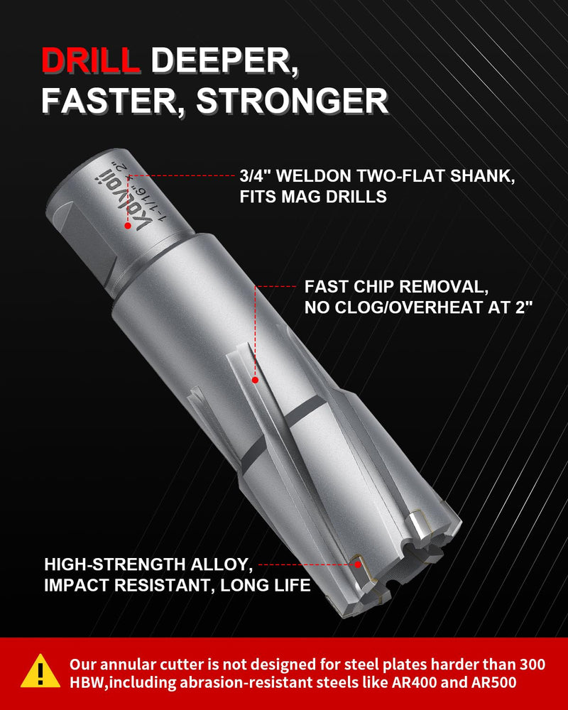 Kolvoii TCT Annular Cutter, 1" Cutting Diameter x 2" Depth of Cut, 3/4" Weldon Shank, Mag Drill Bit with Pilot Pin and Hex Key, Fast Cutting for Stainless Steel, Cast Iron and Metal