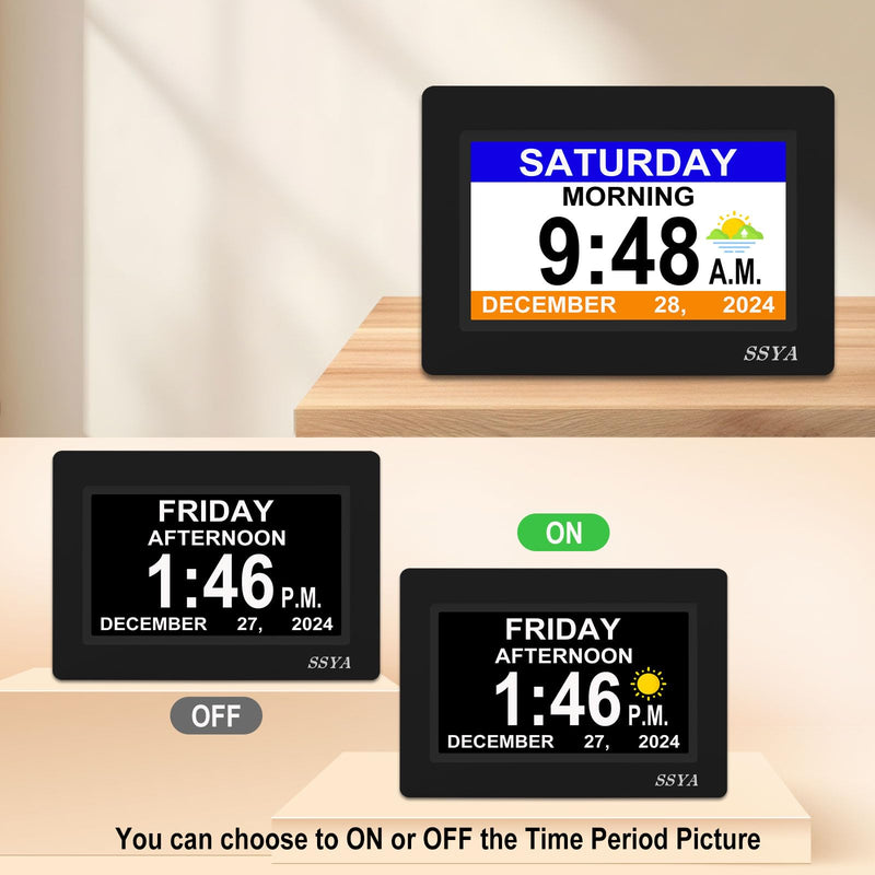SSYA 7 Inch Calendar Clock - 12 Alarm Options, Level 5 Auto Dimmable Display,Extra Large Impaired Vision Digital Clock with Non-Abbreviated Day & Month (Black) 7" Black