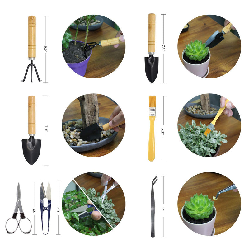 Bonsai Set 8 PCS-Mini Gardening Tools Kit for Indoor Outdoor Bonzai Include Pruner, Fold Scissors, Mini Rake, Tweezers, Cleaning Brush