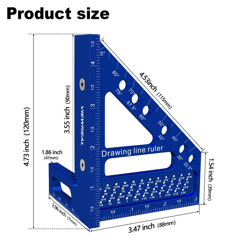 3D Multi-Angle Aluminum Alloy Woodworking Square Ruler, 22.5-90 Degree Protractor, High Precision Miter Triangle Ruler for Engineers, Carpenters, and Craftsmen Blue