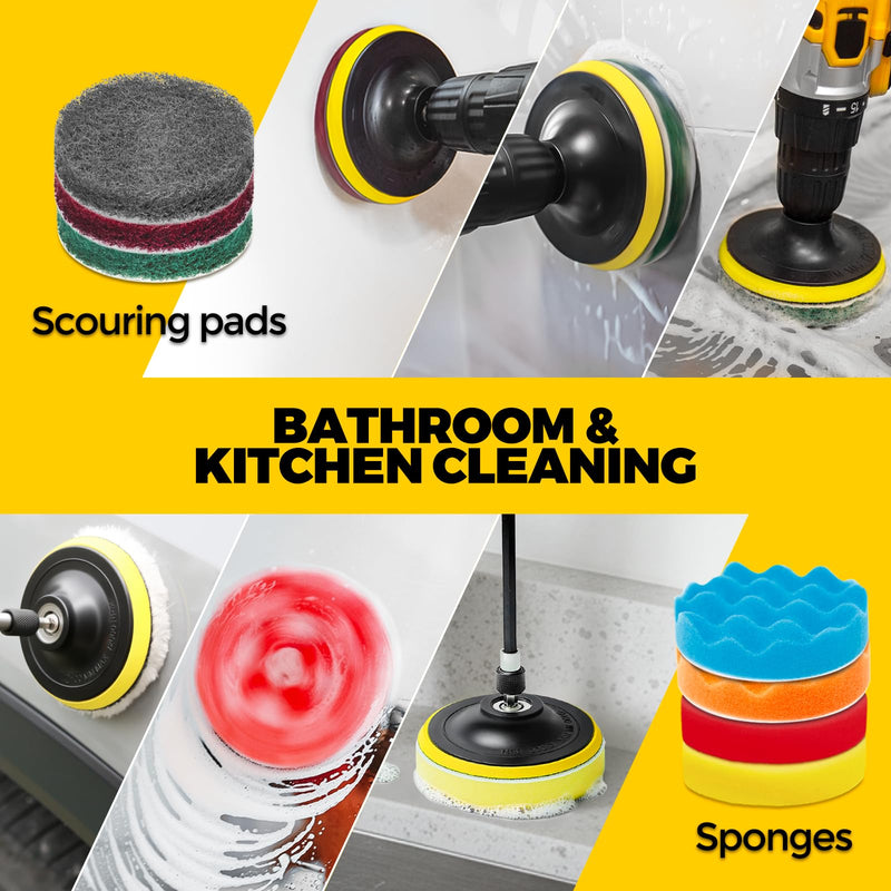 Holikme 22Pack Drill Brush Attachments Set,Scrub Pads & Sponge, Buffing Pads,Power Scrubber Brush,Car Polishing Pad Kit,Wax Applicator Pad,Car Cleaning Kit,Masonry Brushes,Cleaning Supplies Yellow