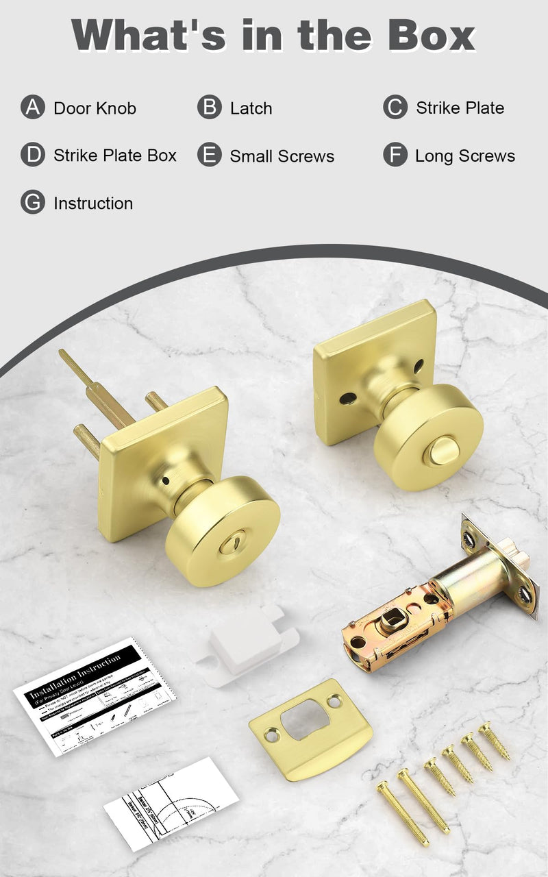 Probrico Bedroom Door Knob Brushed Gold Finish, 2 Pack Standard Size Interior Door Handles with Privacy Locking Function, Square Panel Knob for Bathroom